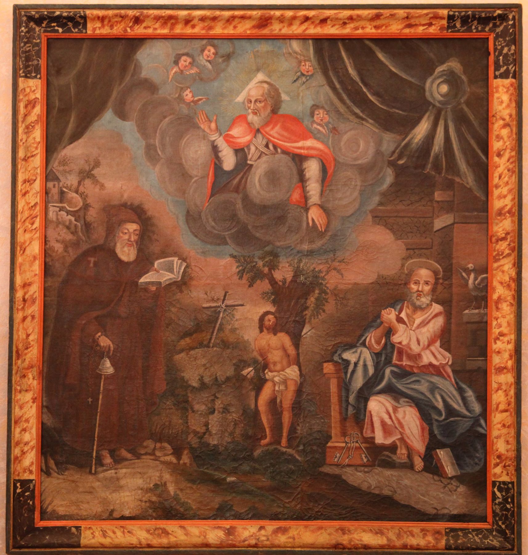 Tableau Dieu bénissant saint Antoine, saint Sébastien et saint Pierre
